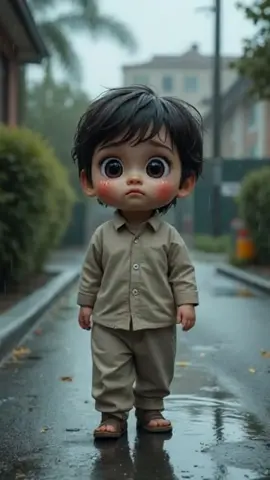 #part 1#A small cartoon-style sad boy is walking alone on a rainy street. He has tears in his eyes and is visibly crying. The environment is moody and emotional. The child is wearing light-colored clothes, his face looks innocent and heartbroken. Rain is falling all around, with visible raindrops and puddles on the street. The overall scene should be semi-realistic or emotionally realistic, but the boy should have a soft cartoon appearance.