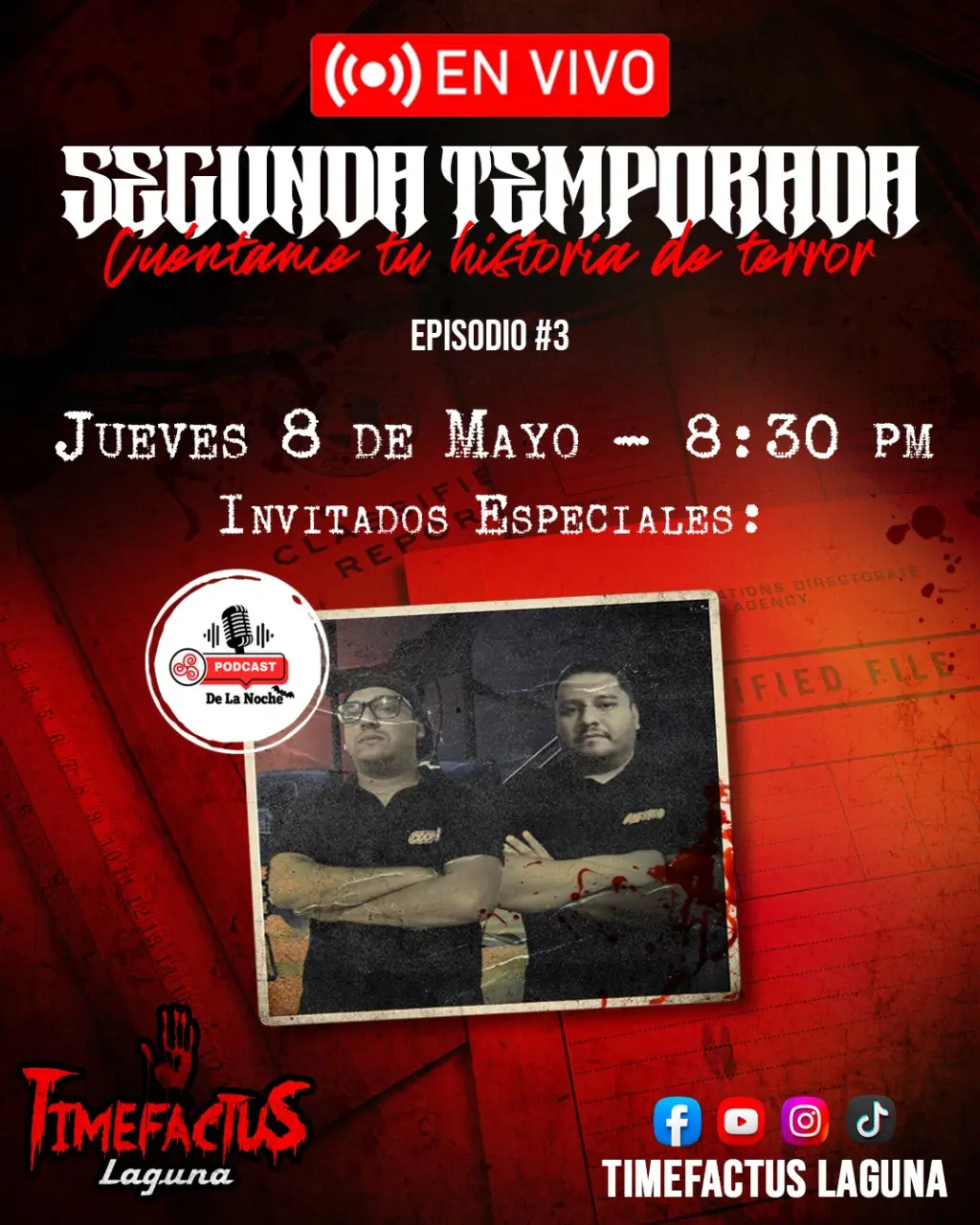Este jueves a las 8:30 p.m. tenemos una cita muy especial: Podcast de la Noche estará como invitado en el programa @TIMEFACTUSLAGUNAOFICIAL , transmitido en vivo por Facebook y todas sus redes sociales. Junto al presentador Juan Salas, estaremos compartiendo las historias más terroríficas que hemos contado en el podcast, esos relatos que te han hecho apagar la luz con miedo y mirar detrás de ti. Será una noche para revivir lo más oscuro, lo más misterioso, y para que tú, Banda Nocturna, nos acompañes en esta experiencia. ¡No faltes! Sintoniza y vive el terror con nosotros. @Cooper Glitch 