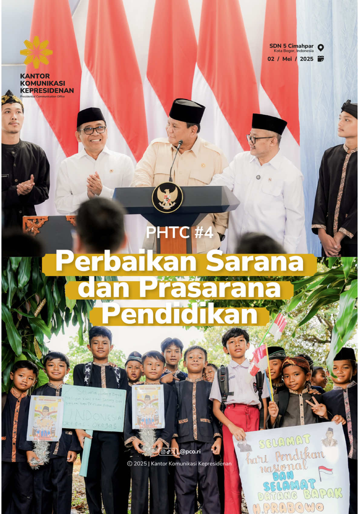 Di Hari Pendidikan Nasional 2025, Presiden Prabowo Subianto meluncurkan PHTC terbaru, yaitu Program Perbaikan Sarana dan Prasarana Pendidikan. Program ini mencakup rehabilitasi sekolah, digitalisasi pendidikan, dan bantuan untuk guru honorer. Dengan dimulainya PSPP, Siswa tak lagi belajar dalam cemas, tapi siap jadi Indonesia Emas! #KantorKomunikasiKepresidenan