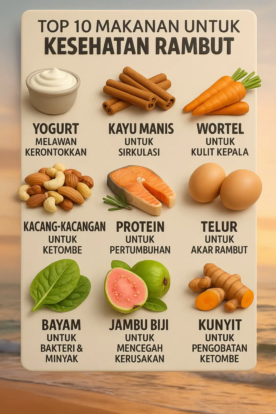 Rambut sehat berawal dari dalam! Nutrisi yang tepat dapat membantu memperkuat akar rambut, mencegah kerontokan, dan membuat rambut tampak lebih berkilau. Berikut ini 10 makanan terbaik yang bisa kamu konsumsi secara rutin untuk mendukung kesehatan rambut: 	1.	Yogurt – Mengandung protein dan probiotik untuk melawan kerontokan rambut. 	2.	Kayu Manis – Membantu melancarkan sirkulasi darah ke kulit kepala. 	3.	Wortel – Kaya vitamin A, penting untuk kekuatan dan kesehatan kulit kepala. 	4.	Kacang-Kacangan – Sumber biotin dan seng, mendukung pertumbuhan rambut dan cegah ketombe. 	5.	Protein (ikan, telur, ayam) – Dasar utama pembentuk rambut, mendukung pertumbuhan sehat. 	6.	Telur – Mengandung biotin dan vitamin B12 untuk kilau alami rambut. 	7.	Bayam – Kaya zat besi dan vitamin A yang melawan rambut rontok akibat kekurangan nutrisi. 	8.	Jambu Biji – Sumber vitamin C tinggi untuk mencegah kerusakan rambut. 	9.	Kunyit – Anti-inflamasi alami yang membantu mengatasi ketombe dan menyehatkan kulit kepala. #katakata  #kesehatan #edukasi #motivasi #fyp #infokesehatan 
