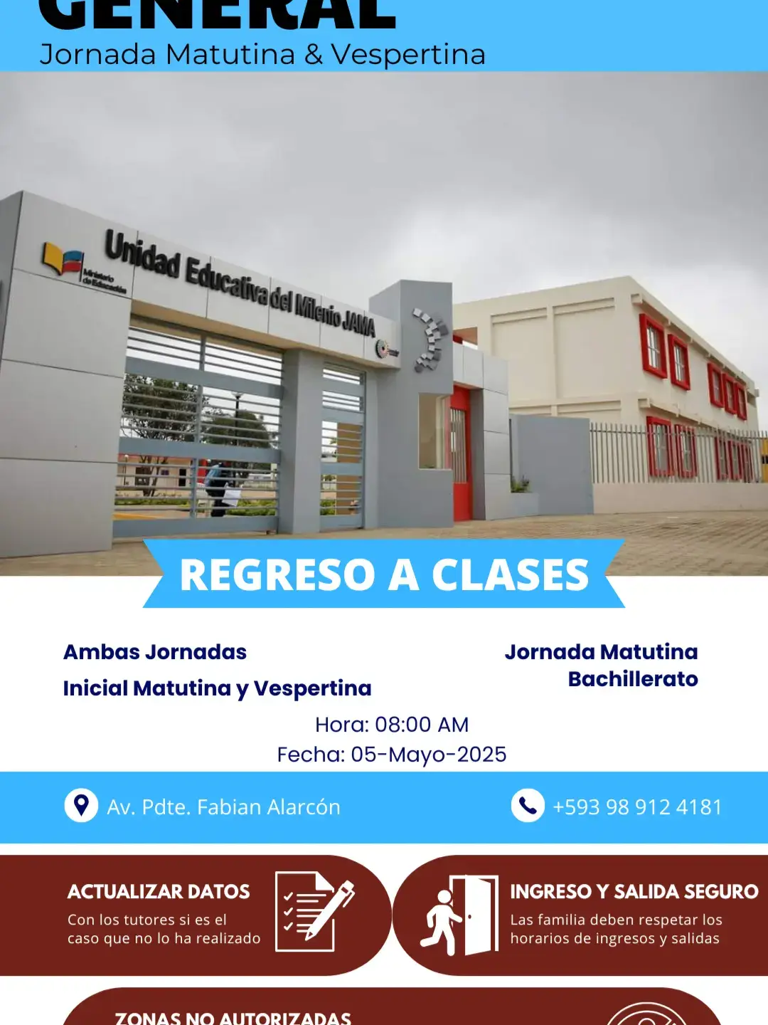 📚✨ ¡𝐁𝐢𝐞𝐧𝐯𝐞𝐧𝐢𝐝𝐨𝐬 𝐚𝐥 𝐀𝐧̃𝐨 𝐋𝐞𝐜𝐭𝐢𝐯𝐨 𝟐𝟎𝟐𝟓–𝟐𝟎𝟐𝟔! ✨📚 📅 𝐅𝐞𝐜𝐡𝐚: Lunes, 05 de mayo de 2025 🕗 𝐇𝐨𝐫𝐚 𝐝𝐞 𝐢𝐧𝐢𝐜𝐢𝐨: 08:00 a.m. 📍 𝐔𝐧𝐢𝐝𝐚𝐝 𝐄𝐝𝐮𝐜𝐚𝐭𝐢𝐯𝐚 𝐉𝐚𝐦𝐚 – 𝐉𝐨𝐫𝐧𝐚𝐝𝐚 𝐌𝐚𝐭𝐮𝐭𝐢𝐧𝐚 𝐲 𝐕𝐞𝐬𝐩𝐞𝐫𝐭𝐢𝐧𝐚 Con entusiasmo y esperanza, damos la bienvenida a nuestros estudiantes del Nivel Inicial y Nivel Bachillerato, juntamos ambas jornadas, para dar inicio a un nuevo ciclo escolar lleno de aprendizajes, desafíos y crecimiento personal. 🌱 En el 𝐍𝐢𝐯𝐞𝐥 𝐈𝐧𝐢𝐜𝐢𝐚𝐥, sembramos las primeras semillas del conocimiento con amor, juego y descubrimiento. 🎓 En el 𝐍𝐢𝐯𝐞𝐥 𝐁𝐚𝐜𝐡𝐢𝐥𝐥𝐞𝐫𝐚𝐭𝐨, acompañamos con compromiso el cierre de una etapa clave para el futuro académico y profesional de nuestros jóvenes. 💬 ¡𝐉𝐮𝐧𝐭𝐨𝐬 𝐜𝐨𝐧𝐬𝐭𝐫𝐮𝐢𝐦𝐨𝐬 𝐬𝐮𝐞𝐧̃𝐨𝐬, 𝐯𝐚𝐥𝐨𝐫𝐞𝐬 𝐲 𝐞𝐝𝐮𝐜𝐚𝐜𝐢𝐨́𝐧 𝐝𝐞 𝐜𝐚𝐥𝐢𝐝𝐚𝐝 𝐩𝐚𝐫𝐚 𝐉𝐚𝐦𝐚! Invitamos a toda la comunidad educativa a participar con alegría y responsabilidad en este inicio de clases. 📸 Estén atentos a nuestras redes para revivir los mejores momentos de este gran día. #UnidadEducativaJama #InicioDeClases2025 #EducaciónConValores #NivelInicial #NivelBachillerato #JornadaMatutina #JornadaVespertina #JamaEducativa