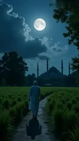 A narrow dirt path winding through a lush green field under a glowing full moon, surrounded by tall grass, with dark silhouetted trees in the distance. A lone Muslim man in traditional attire is walking peacefully along the path, heading toward a distant, softly lit mosque with elegant domes and minarets on the horizon. The mosque glows gently under the moonlight. The night sky is filled with thick, dramatic clouds slowly drifting across the moon, casting moving shadows. The atmosphere is calm, spiritual, and mystical, with an animated cinematic look  #creatorsearchinsights