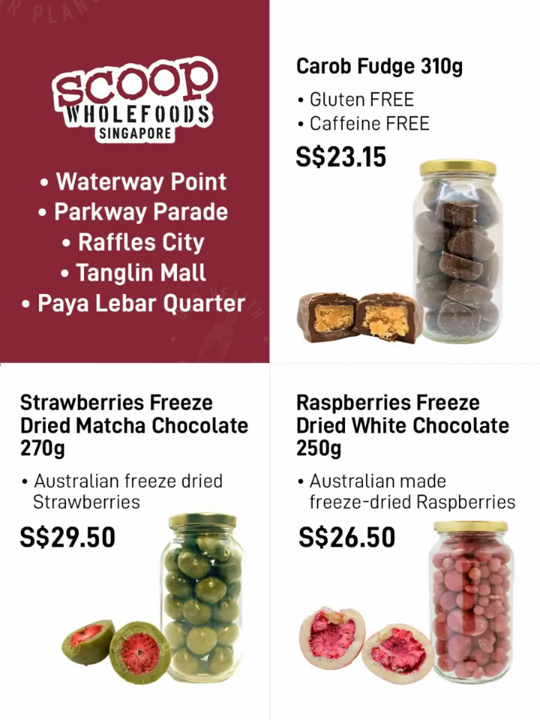 🍓 Freeze-dried fruits in dreamy chocolate 🥜 Rich carob fudge — no gluten, no caffeine Only at Scoop Wholefoods Singapore. #SnackSmarter #ScoopWholefoodsSG #ViralSnacksSG #ChocolateHack #GlutenFreeSG #SingaporeEats