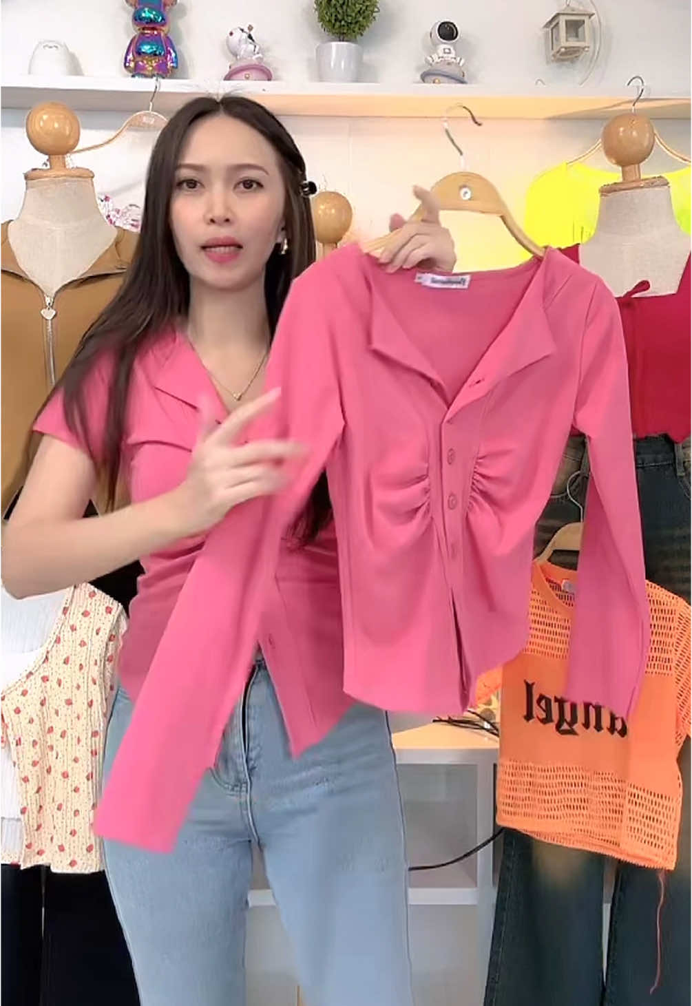 เสื้อยืดผ้าคอตตอนแต่งกระดุมเข้ารูป แขนยาว แขนสั้น 
