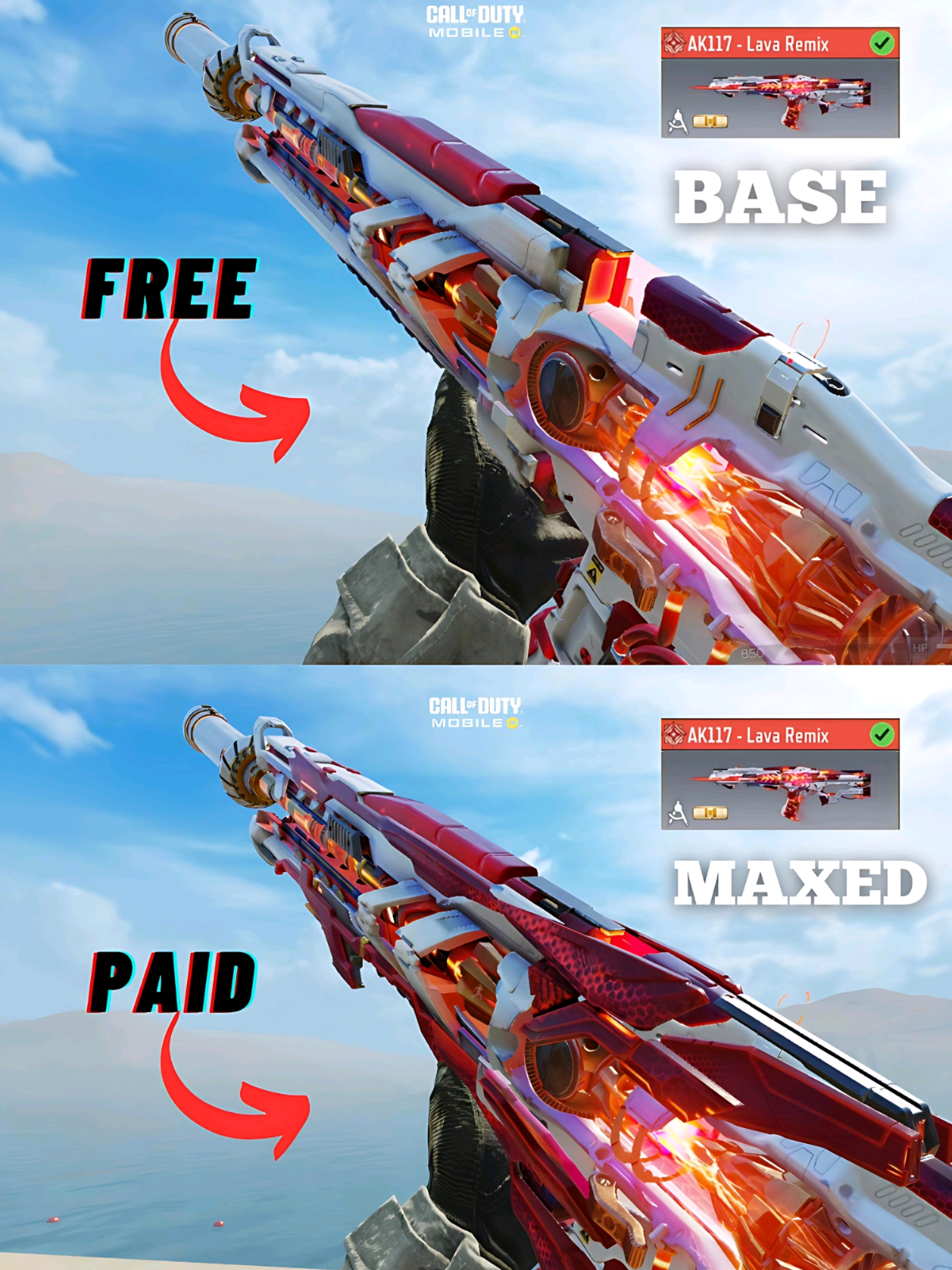 Free vs Paid Mythic AK117 . . . #chambecodm #codm #codmph #codmgarena #mythic #ak117 #lavaremix #mythicak117 #fyp #fypシ゚ #xyzabc 