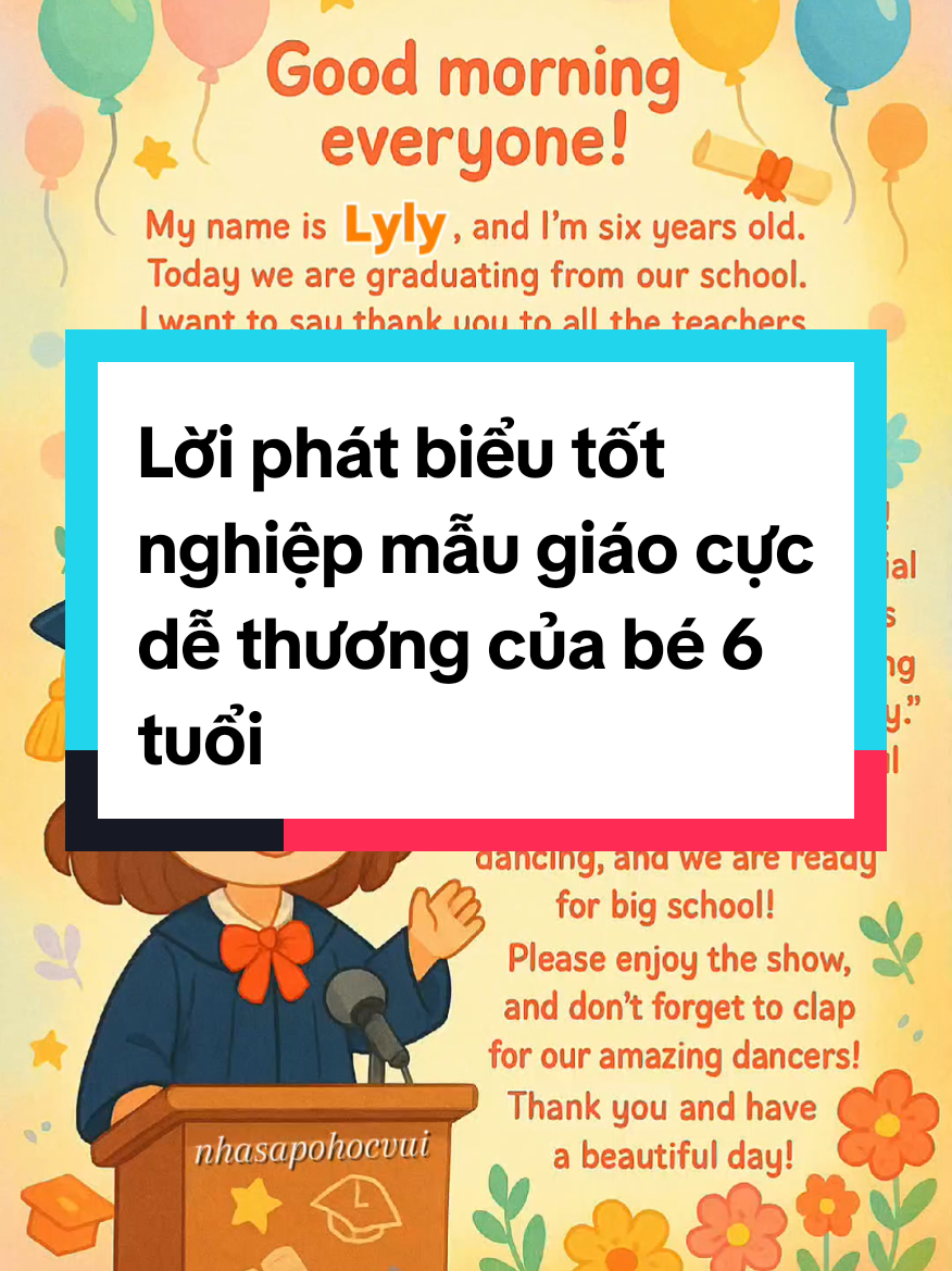 Một lời chào buổi sáng thật ấm áp và xúc động từ các bé trong ngày lễ tốt nghiệp! Bé 6 tuổi gửi lời cảm ơn chân thành đến thầy cô, ba mẹ và ông bà, cùng lời mời xem tiết mục văn nghệ đáng yêu. Bài phát biểu này không chỉ giúp bé luyện nói trước đám đông mà còn là một kỷ niệm ngọt ngào cho cả gia đình. Phù hợp để sử dụng trong lễ tổng kết, lễ ra trường hoặc buổi biểu diễn cuối năm cho các bé mầm non, mẫu giáo. #TotNghiepMauGiao #PhatBieuTotNghiep #BaiPhatBieuChoBe #LoiCamOnThayCo #NgayHoiCuaBe #Be6Tuoi #LoiChaoBuoiSang #LoiPhatBieuHay #nhasapohocvui #fyb #LearnOnTikTok #viralvideo 