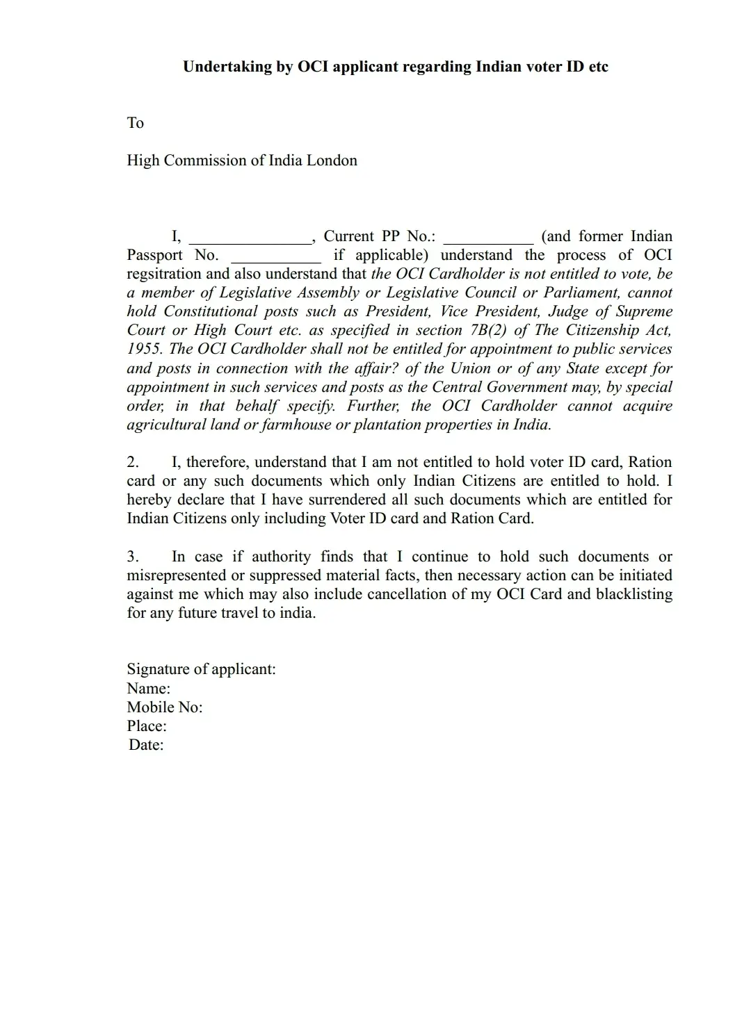 Undertaking by OCI applicant regarding Indian voter ID etc