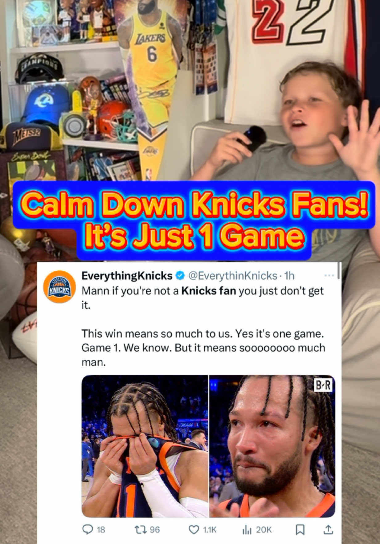 Calm down @New York Knicks fans. It’s just one game. Mikal Bridges is the hero as NYC beats the @Boston Celtics in GM 1. #kidssportsreporters #knicks #mikalbridges #jalenbrunson #joshhart #karlanthonytowns 