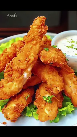 Crispy Chicken Fingers Recipe Ingredients: 500g boneless chicken breast (cut into thin strips) 1 cup buttermilk (or ½ cup yogurt + ½ cup water) 1 tsp garlic powder 1 tsp onion powder 1 tsp black pepper 1 tsp red chili powder (adjust to taste) Salt to taste 1½ cups all-purpose flour ½ cup cornflour 1 tsp baking powder 2 eggs (beaten) Breadcrumbs or crushed cornflakes (for coating) Oil for deep frying --- Instructions: 1. Marinate the Chicken: In a bowl, mix chicken strips with buttermilk, salt, pepper, garlic powder, and chili powder. Cover and marinate for at least 1 hour (or overnight for best results). 2. Prepare Coating Station: In one bowl: mix flour, cornflour, baking powder, and a pinch of salt. In another bowl: beat the eggs. In the third bowl: add breadcrumbs or crushed cornflakes. 3. Coat the Chicken: Remove chicken from marinade. Dredge in flour mixture → dip in egg → coat in breadcrumbs. 4. Fry: Heat oil in a deep pan over medium heat. Fry chicken fingers in batches until golden and crispy (about 5-6 minutes). Drain on paper towels. 5. Serve: Serve hot with ketchup, garlic mayo, or your favorite dip. #recipeshare #chicken #chickenfingers #crispychicken #chickensoftiktok #viralvideo #viraltiktok 
