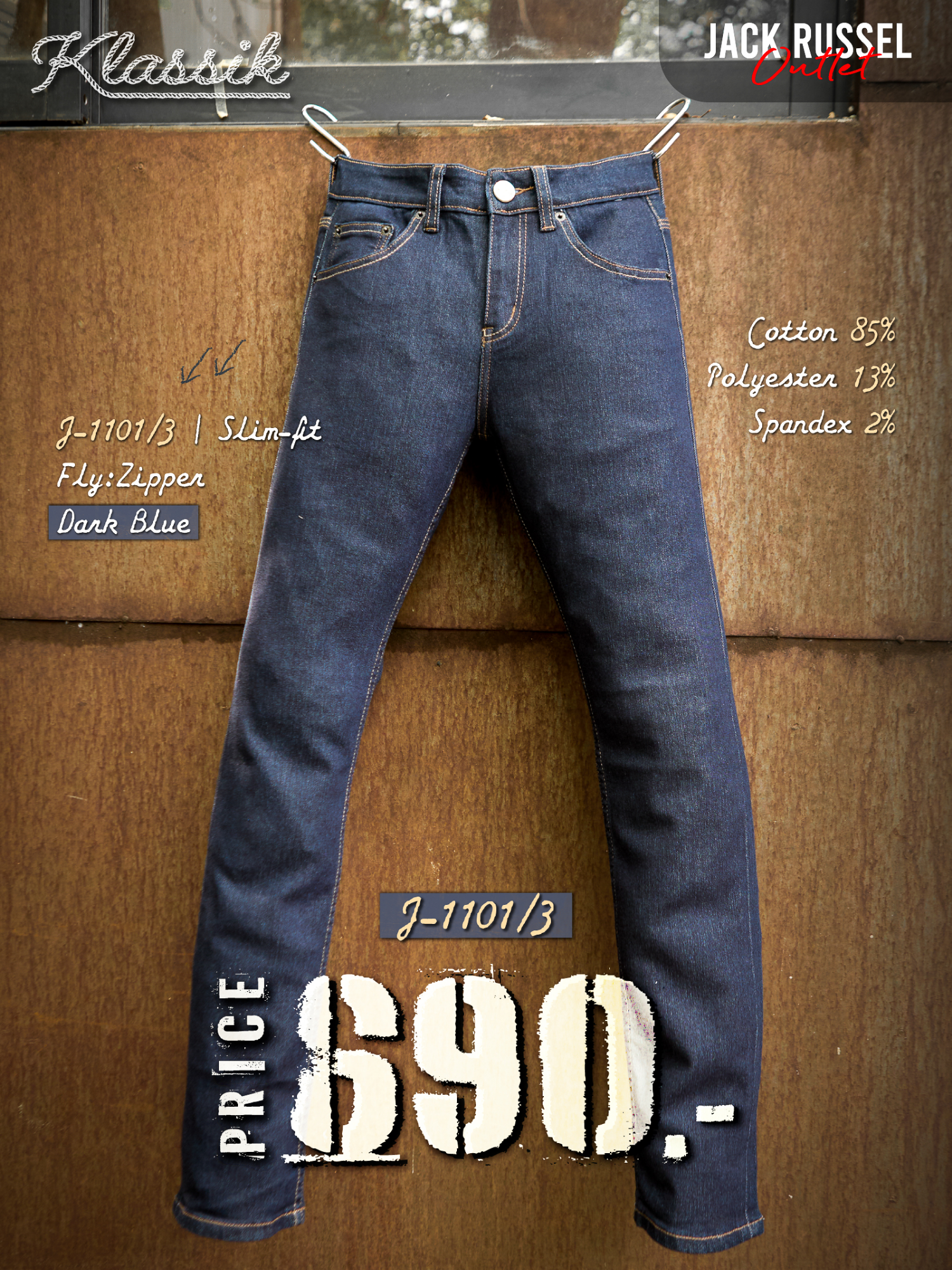 กางเกงยีนส์ผู้ชาย ทรงสลิมฟิต J-1110/3 จาก Jack Russel สีฟ้ามืด เหมาะสำหรับผู้ที่ให้ความสำคัญทั้งในด้านสไตล์และความสบาย กางเกงยีนส์เหล่านี้ผสมผสานแฟชั่นร่วมสมัยกับเสน่ห์คลาสสิกของยีนส์ได้อย่างลงตัว ทำให้เป็นชิ้นที่ขาดไม่ได้ในตู้เสื้อผ้า ทำจากฝ้าย 85%, โพลีเอสเตอร์ 13%, และสแปนเด็กซ์ 2% เนื้อผ้าช่วยให้ยืดหยุ่นและเคลื่อนไหวได้อย่างสะดวกสบาย นอกจากนี้ ผ้าน้ำหนัก 11.5 ออนซ์ช่วยให้ความทนทานแต่ยังคงให้ความสบายที่เบาในทุกๆ วัน การตัดเย็บอย่างเชี่ยวชาญในทรงสลิมฟิตพร้อมขาตรงขนาดเล็ก กางเกงยีนส์เหล่านี้มอบลุคที่เรียบหรูแต่ผ่อนคลาย นอกจากนี้ สีฟ้ามืดช่วยให้สามารถจับคู่ได้หลากหลาย เหมาะสำหรับทั้งการสวมใส่ในโอกาสสบายๆ และในลุคสมาร์ทแคชชวล