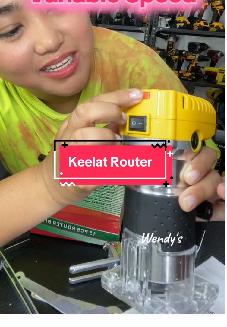 Keelat Router or wood trimmer. Pwede kayo magcheck out sa yellow basket kung gusto nyo may 15pcs router bits or wala. Price may vary. #woodrouter #woodworkingtools #woodworking 