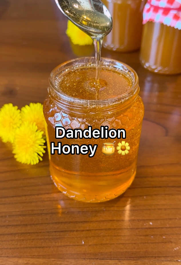 DANDELION HONEY 😍🍯 Ingredients: -80g dandelions petals -400ml water -2 lemon slices -sugar (see below) Pick some dandelions from your garden, remove the green part and wash the petals under cold running water. Drain. Add your petals to a saucepan, pour 400ml cold water, add a couple of lemon slices and bring to a simmer. When it starts simmering, cook for 20 mins. If you have time, cover and leave to infuse overnight. Strain the liquid into a bowl and weight it. Pour the liquid into a saucepan then add the same amount of sugar (if your liquid weighted 300g, add 300g sugar). Bring to a boil over medium heat and cook for 20-30 mins or until it starts to thicken. Place your dandelion honey into a clean jar and let it cool down completely (your honey will thicken even more while cooling down). Enjoy!  #honey #dandelions #homemadefood #Recipe #FoodTok 