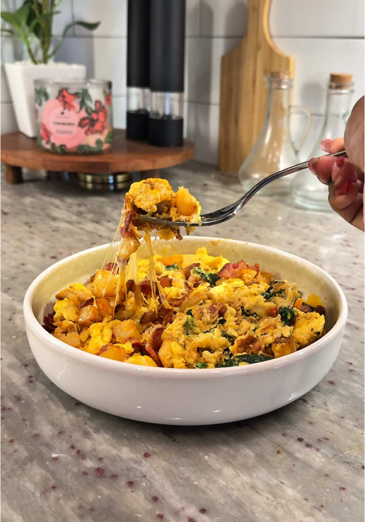 I love a good breakfast bowl with eggs, bacon, and potatoes. So yummy!  #breakfastideas #breakfast #recipes #foodtiktok #blackgirltiktok #fyp 