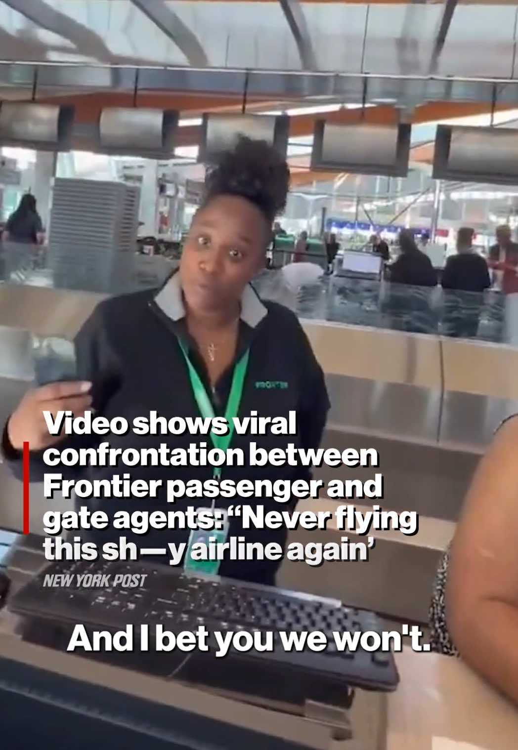 Wild viral footage has captured Frontier Airlines gate agents getting into a bust up with a passenger who had sniped “I’m never flying this sh—y airline again” after being hit with an unexpected $25 fee just to check-in.