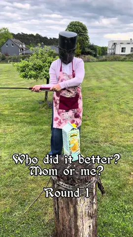 Who do You think would win in a cutting competition my mom or myself ? Might need to do some more videos going toe to toe against each other ⚔️ wearing full medieval armor makes this even harder but that’s just a lazy excuse she did amazing! #knight #medievaltiktok #armor 