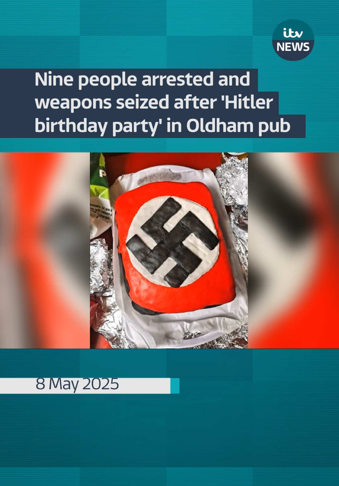 Nine people have been arrested and weapons seized after an investigation into a group who allegedly celebrated Hitler’s birthday with Nazi memorabilia at a pub in Oldham. They were arrested on Wednesday morning, 7 May, on suspicion of Section 18 Public Order Act offences, which include displaying written material that is threatening, abusive or insulting, intended to stir up racial hatred, according to Greater Manchester Police (GMP). #itvnews