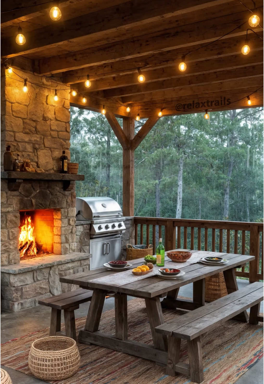 Relaxing Fireplace and BBQ on a cozy terrace with the sound of rain #relax #rain #rainyday #rainydayvibes #rainsounds #rainsound #terrace #patio #cabin #relaxing #relaxation #ambience #peaceful #cozy #cozyvibes #fireplace #asmr #healing #sleepaid #calm #bbq #calmmind 