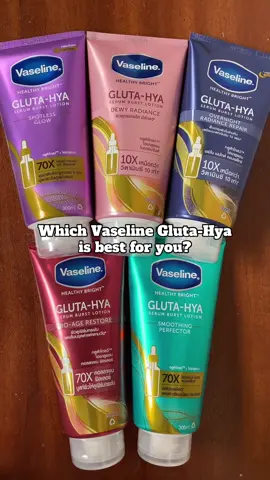 Which Vaseline Gluta-Hya is best for you? 💜 Spotless Glow 💜 If you want even toned skin 🩷 Dewy Radiance 🩷 If you want to brighten your skin 💙 Overnight Radiance 💙 If you want smooth & plump skin ❤️ Pro-Age Restore ❤️ If you want to reverse aging  💚 Smoothing Perfector 💚 If you want even texture skin WhatsApp 59630780! #filipinoskincare #fyp #filipinoskincaremauritius #whitening #vaselineglutahya #vaselineglutahyamauritius 