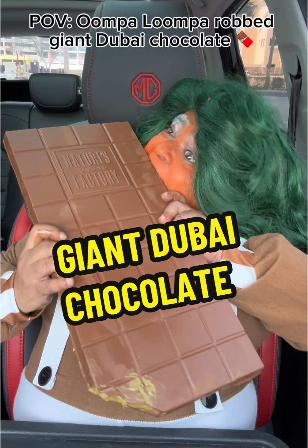 POV: Oompa Loompa robbed giant Dubai Chocolate 🍫 I think I should have called in my fellow Oompa Loompas for this one 😩 #dubaichocolate #oompaloompa #pistachio #minimanmunches 