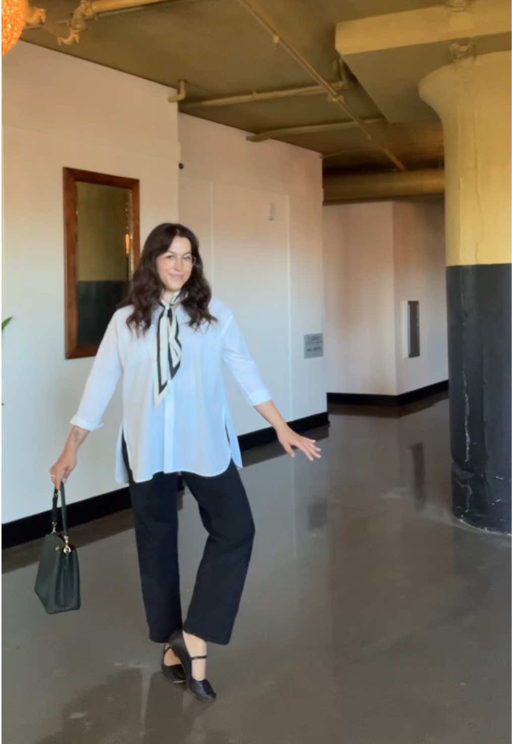 scared to post my outfit after .... last time ....  shirt + scarf + jeans + flats are @madewell   glasses are @Warby Parker  bag is @Coach 