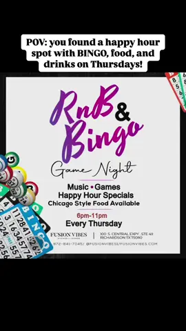 Every Thursday we’re playing bingo at Fusion vibes! See y’all there!! #DallasHappyHour #DallasThingsToDo 