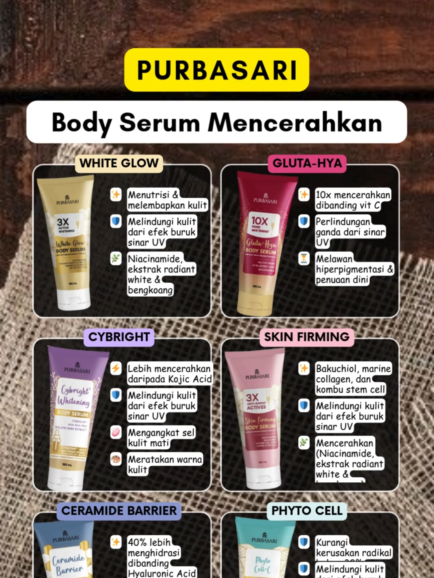 Body Serum Purbasari disesuaikan dengan kebutuhan kulitmu. Varian White Glow cocok untuk kamu yang ingin kulit tampak cerah alami dan lembap karena kandungan Niacinamide dan ekstrak bengkoangnya mampu menjaga kelembapan serta melindungi dari sinar UV. Gluta-Hya punya kekuatan 10x lebih mencerahkan dibanding vitamin C, dengan double UV protection dan formula anti-aging untuk melawan hiperpigmentasi serta tanda penuaan. Kalau kamu punya masalah lipatan gelap atau warna kulit tidak merata, Cybright adalah pilihan terbaik karena lebih powerful dibanding Kojic Acid dan bisa mengangkat sel kulit mati secara efektif. Untuk kulit yang mulai kehilangan elastisitas, Skin Firming dengan kandungan Bakuchiol, marine collagen, dan kombu stem cell bantu mengencangkan dan membuat kulit tampak awet muda. Ceramide Barrier sangat cocok untuk kulit kering dan kusam karena mampu meningkatkan hidrasi hingga 40% lebih baik dari Hyaluronic Acid, menjadikan kulit terasa kenyal dan sehat. Terakhir, Phyto Cell diformulasikan untuk kamu yang ingin kulit bebas kerutan dan tetap muda dengan perlindungan antioksidan, pengurangan hiperpigmentasi, serta peningkatan produksi kolagen. #PURBASARIBODYSERUM #BODYSERUMPURBASARI