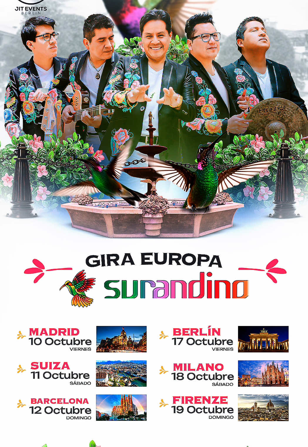 🇵🇪 Español  ¡@Surandino EN GIRA POR EUROPA! La espera terminó… El ritmo de los Andes llega con fuerza a Europa con su gira 2025: ¡6 ciudades, 6 conciertos inolvidables! Prepárate para cantar, bailar y sentir la magia andina junto a Surandino. Fechas y ciudades: 📍 10 OCT – Madrid 📍 11 OCT – Suiza 📍 12 OCT – Barcelona 📍 17 OCT – Berlín 📍 18 OCT – Milano 📍 19 OCT – Firenze ¡Muy pronto anunciaremos los puntos de venta de entradas! Sigue a @jitevents para no perderte nada. ⸻———————————————————— 🇩🇪 Deutsch  SURANDINO AUF EUROPATOURNEE! Die Klänge der Anden erobern Europa! Erlebt die peruanische Kultband Surandino live in 6 Städten. Musik, Emotion und Tradition – alles in einer Show! Termine und Städte: 📍 10. Okt – Madrid 📍 11. Okt – Schweiz 📍 12. Okt – Barcelona 📍 17. Okt – Berlin 📍 18. Okt – Mailand 📍 19. Okt – Florenz Tickets bald erhältlich! Folgt @jitevents für alle Updates! #SurandinoEuropa2025 #GiraSurandino #SurandinoLive #MúsicaAndina #TourEuropa #PeruanosEnEuropa #EventosLatinos #ConciertosEuropa #AndesVibes #LatinoaméricaEnEuropa