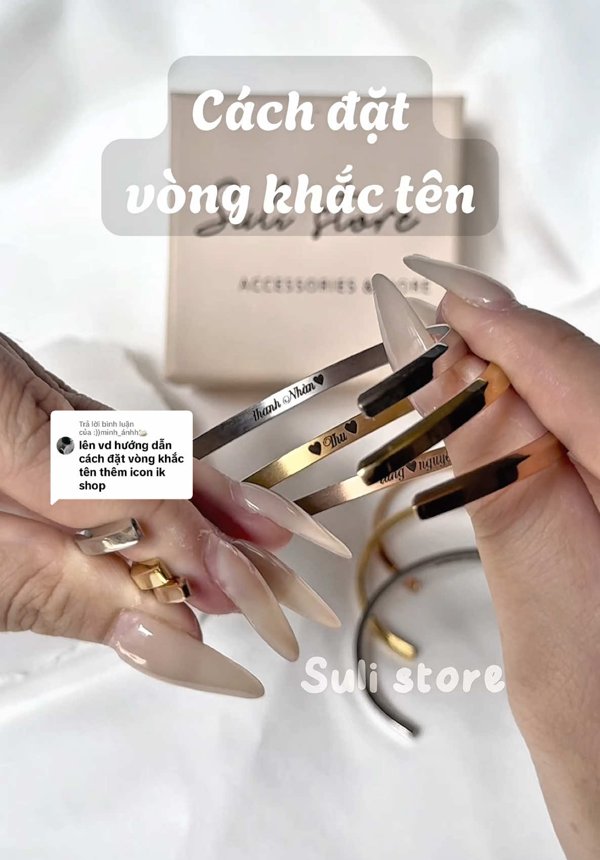 Trả lời @:))minh_ánhh🦢 Cách đặt vòng tay khắc tên đây của nhà iu ơi 🥰 #sulistore #trangsuc #phukienthoitrang #vongcaptinhyeu #vongtay 