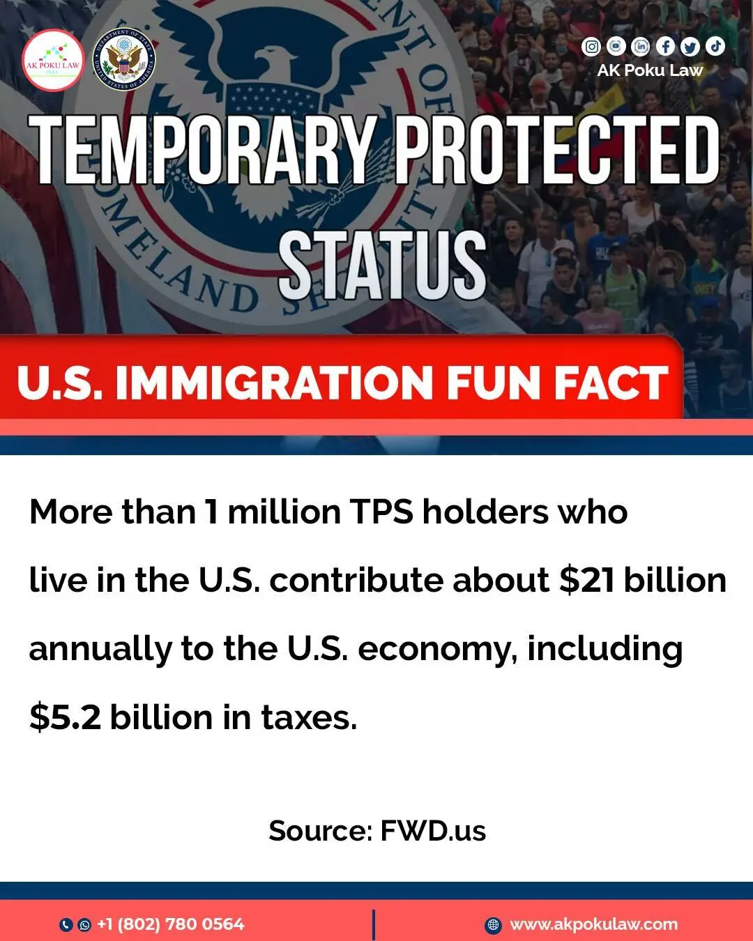 According to a recent report, over 1 million people in the U.S. currently hold Temporary Protected Status (TPS), which grants them legal work authorization and protection from deportation due to unsafe conditions in their home countries.  These TPS holders live with more than 260,000 U.S. citizen children and over 320,000 U.S. citizen adults, making meaningful contributions to their families, communities, and the country as a whole. ***** If you need help or guidance with any U.S. immigration matters, especially with these major changes, please don’t hesitate to reach out. We’re always ready to assist you. akpokulaw.com/consult/ ☎️☎️+1 (802) 780 0564☎️☎️ 🌍: www.akpokulaw.com 📨: hello@akpokulaw.com Post by Innocentia From the AK Poku Law Team #akpokulaw #akpoku #tps #USTravel #massdeportation #usa🇺🇸 #usimmigration #immigrationjourney #immigrants #lawyer #usimmigrationlawfirm #immigrantslawfirm #citizenship #usvisa #greencard #americandream #Ghana #uscis #immigrantslawyer #immigrationlaw #immigration #usimmigration #DMVimmigrationlawyers #Virginiaimmigrationlawyers #Marylandimmigrationlawyers #bestimmigrationlawyer #immigrationlawyers