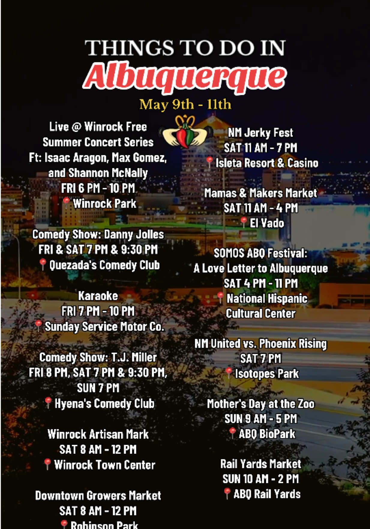 Things to do in Albuquerque this weekend (May 9th - 11th). Please contact event organizers for more information and to verify event details. I'm human and can make mistakes with event information lol.  If you know of any other events taking place this weekend in Albuquerque or Rio Rancho, please comment down below!  I am not involved in these events and can't speak to the organization of the event or how fun your experience will be.   #abqnm #albuquerque #riorancho #burque #newmexico #abqtodo #albuquerqueevents #nmunited #landofenchantment #nmtrue #mothersday 