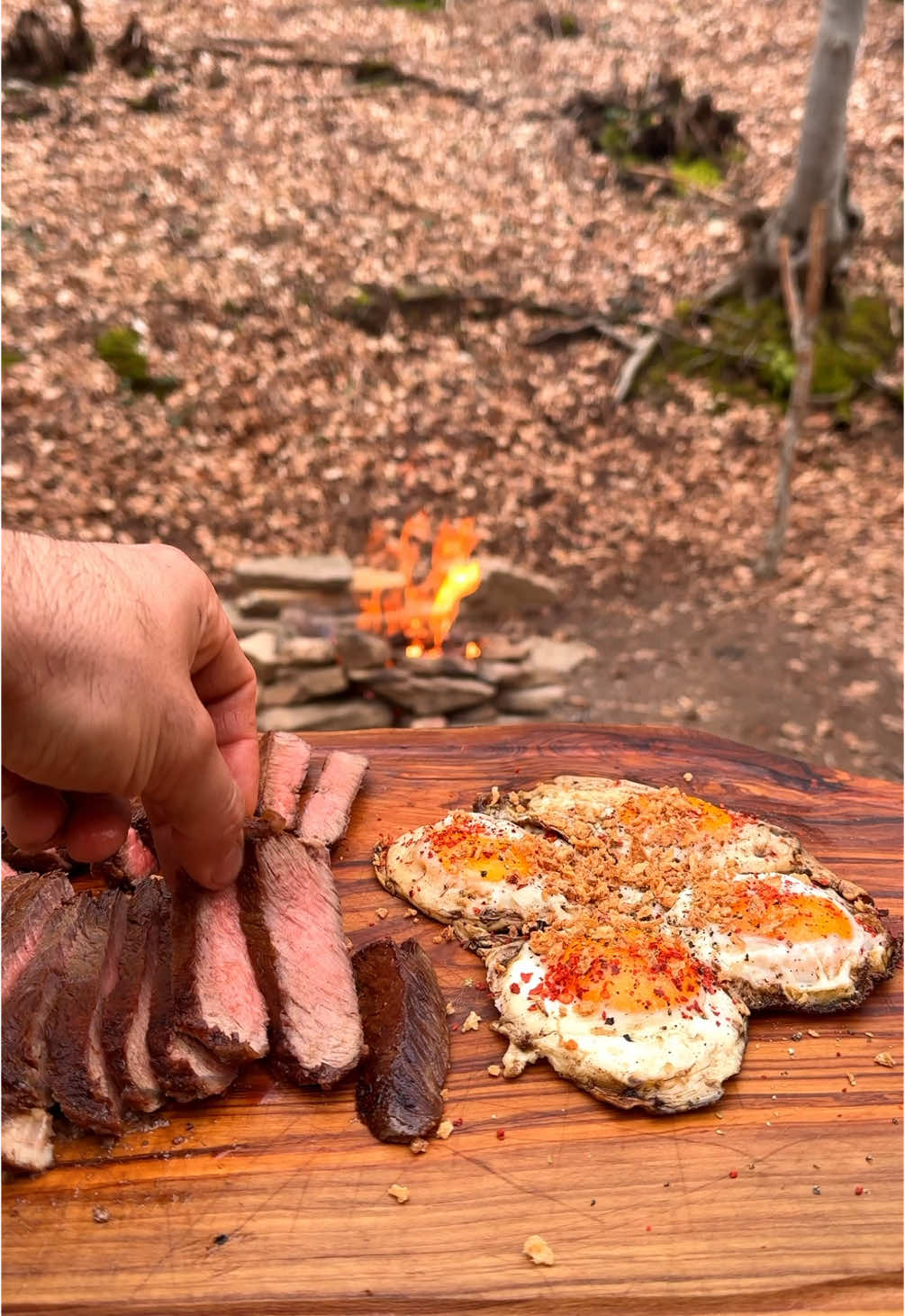 STEAK AND EGGS! Delicious butter basted ribeyes and fried eggs. Cooking in the wilderness using a rocket stove log. Dry aged ribeye steaks on iron cast pan with butter, garlic and rosemary paired with fried eggs seasoned with chili flakes and crispy onion flakes. #asmr #ribeyesteak #steaks #Outdoors 