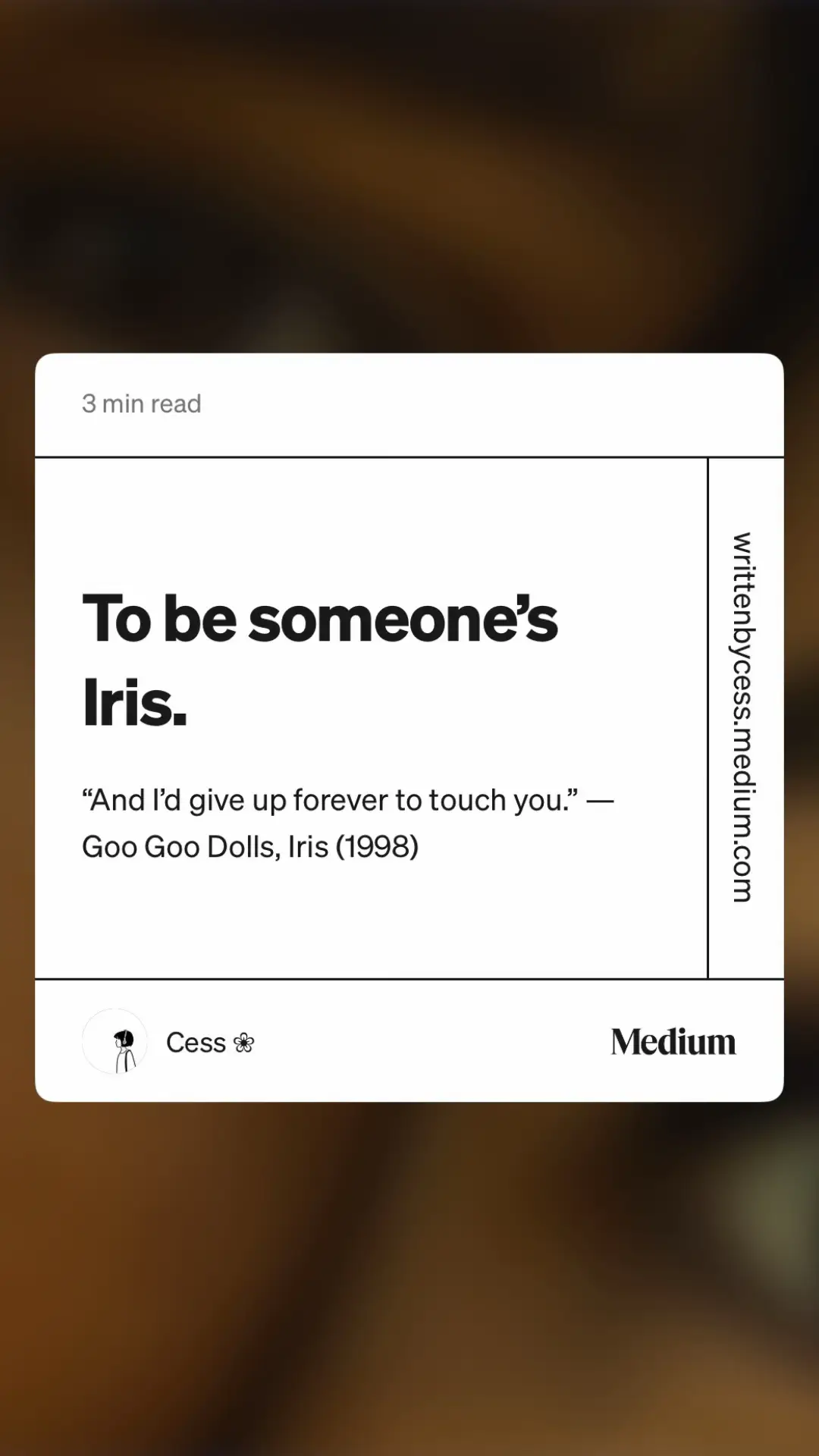 To be someone’s Iris is like hearing the heavens whisper at you that finally, you are someone’s greatest and only love. -writtenbycess #medium #writersoftiktok #musings #iris #googoodolls #lovestory #teenagedream #romance #lovesong 