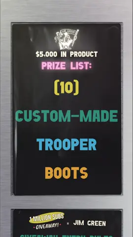 Jim Green Footwear is giving $5,000 worth of Custom-Made Trooper Boots for Day 15 of the 1 Million Subscribers Giveaway! Enter to win via the link in bio. As a 'THANK YOU' for helping us reach the milestone of 1 million subscribers, we're giving away over $200,000 worth of footwear, leather goods, and more from top Brands. Missed entering a previous Brand's giveaway? Just mark the brands you're interested in at the bottom of the form, and we'll add you to that list. Bonus Entry: Share this post to your public feed or story and tag us @roseanvil and Jim Green @jimgreenfootwear - today only!