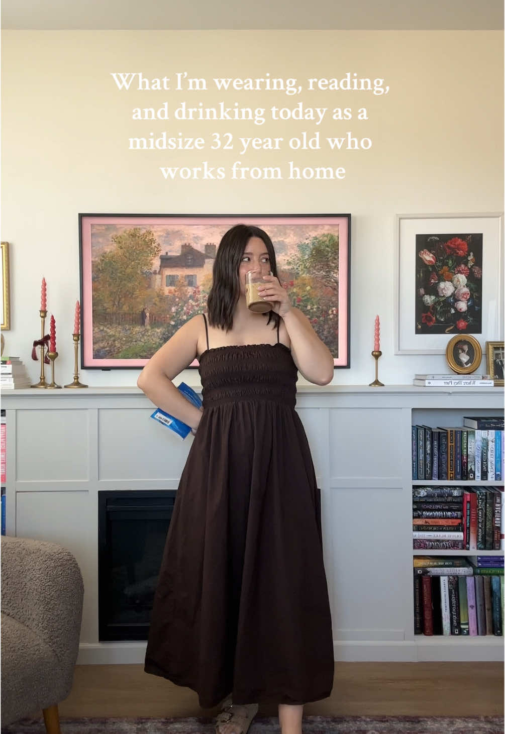 fav dress, iced coffee, and the perfect beach read #OOTD #doboftheday #simpleoutfit #springoutfit #midsize #summerdresses #onegoldensummer 