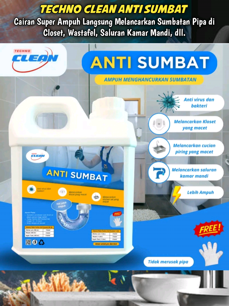 TECHNO CLEAN ANTI SUMBAT Cairan Super Ampuh Langsung Melancarkan Sumbatan Pipa di Closet, Wastafel, Saluran Kamar Mandi, dll. #antisumbat #technoclean  #antisumbatwastafel #antisumbatsaluranair #antisumbatwc #pipamampet 