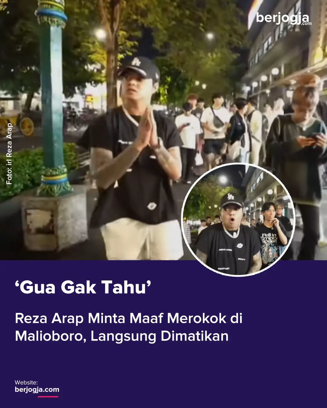 Momen Reza Arap minta maaf karena tidak sengaja merokok di Malioboro. Ia mengaku tidak tahu dan segera mematikannya. Salah langsung minta maaf, respect bang! Btw, yang penasaran soal aturan larangan merokok di Malioboro bisa baca di Berjogja.com ya. https://berjogja.com/awas-merokok-di-malioboro-bisa-didenda-rp75-juta/ #rezaarap #malioboro #jogja #jogja24jam 