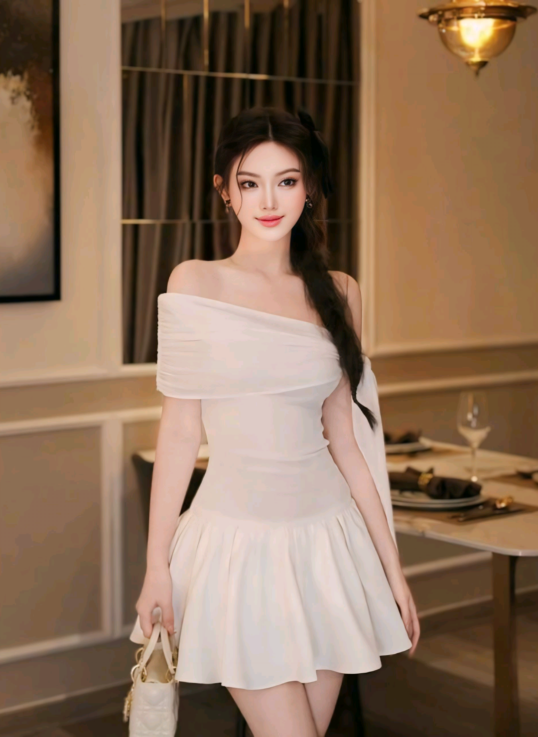 Đầm dự tiệc lệch vai buộc nơ xòe bồng chất thun mịn phối tafta màu trắng sang xịn  #VStore #trending #fybシ #phoidoxinh #damdutiec #damxinh #thoitrangnu #outfitxinh #fashiontiktok #xuhuongthoitrang 
