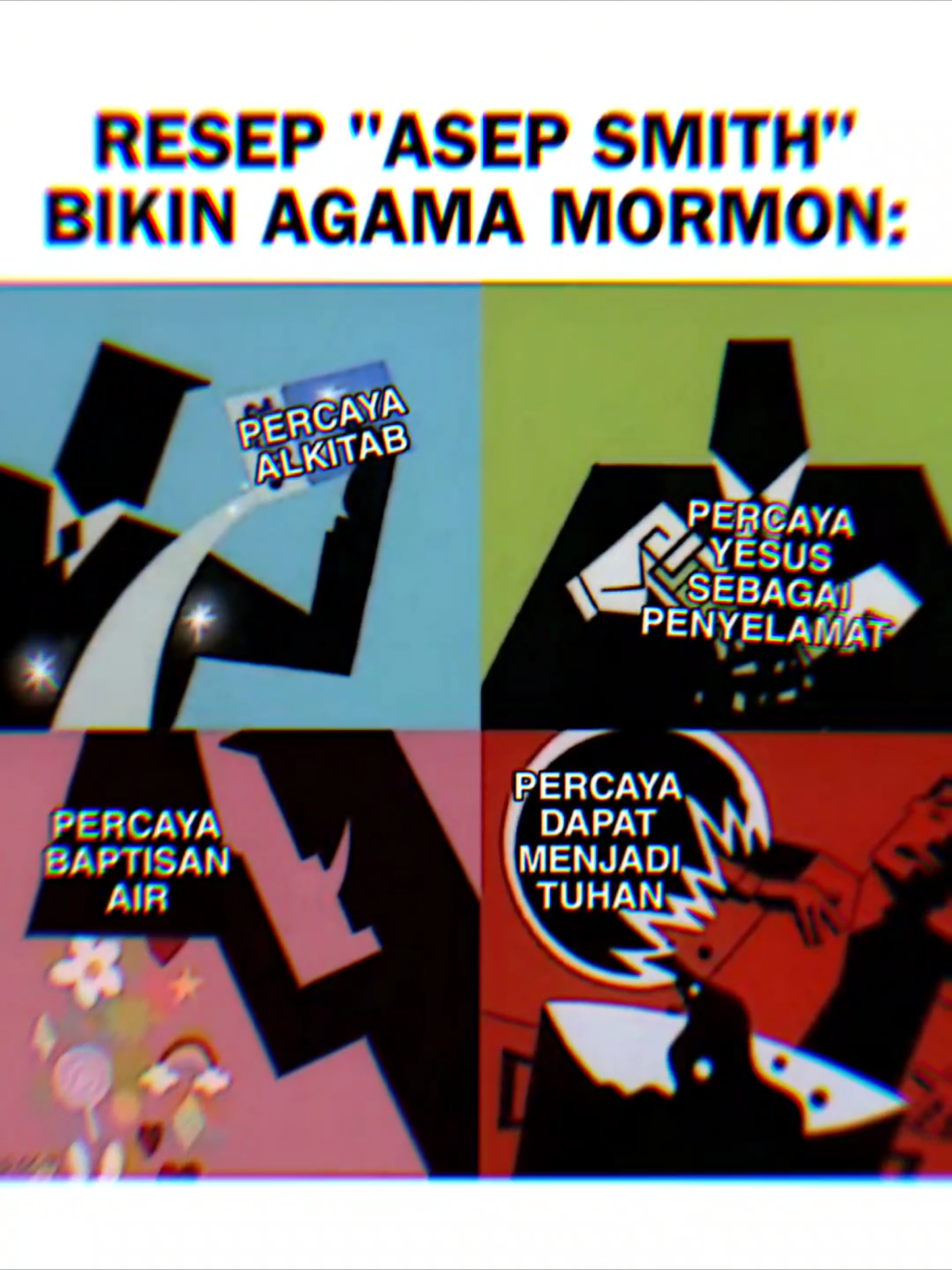 Penjelasannya ⤵️ Meme 1: Kepercayaan Mormon lebih mendekati kepercayaan Gnostik yang dianggap sesat ama Gereja, yaitu kita manusia biasa memiliki potensi sebenarnya sebagai mahluk Omniscient Meme 2: Mormon percaya bahwa ada kehidupan lain di semesta ini, singkatnya mereka percaya pada konsep Kehidupan ekstraterestrial (Alien)  Meme 3: Josep Smith atau sering disapa Asep😹, menggunakan topi dan batu 