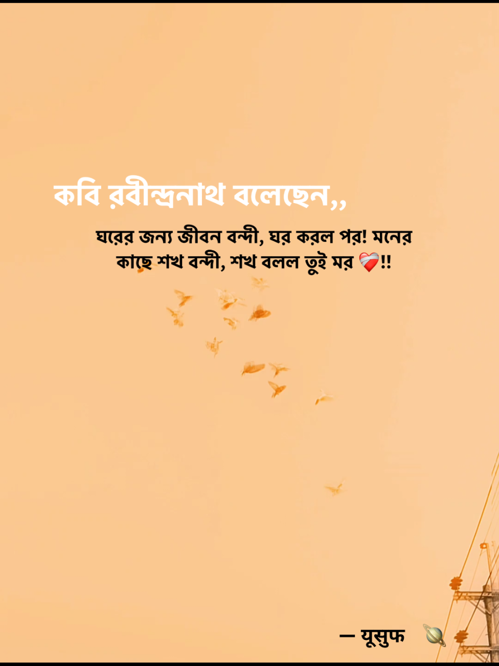 কবি রবীন্দ্রনাথ বলেছেন,,ঘরের জন্য জীবন বন্দী'ঘর করলো পর!মনের কাছে সখ বন্দী,সখ বলল তুই মর ❤️‍🩹!!#foryou #viral #trending #stutasvideo #lyrics #yousof_dewan0  #plzunfrezemyaccount #fyppppppppppppppppppppppp 
