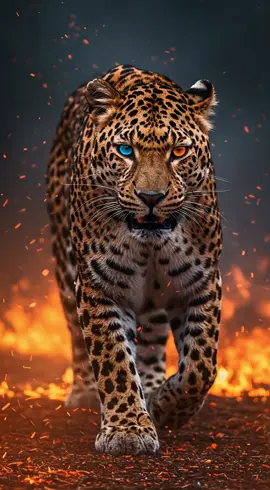 Live Wallpaper: Leopardo Colossal Ferido na Floresta em Chamas Imagine um leopardo colossal, ferido mas surreal e robusto, caminhando imponente por uma floresta em chamas, com brasas incandescentes e fumaça rodopiando ferozmente no vento. Seus grandes olhos perfeitos são heterocromáticos - um azul gelado e o outro âmbar flamejante - que perfuram a névoa, refletindo dor, nervosismo e desafio bruto enquanto rosna. O corpo musculoso e elegante do leopardo é marcado por rosetas vívidas, seu pelo espesso riscado de cinzas e sangue, enquanto suas patas perfeitamente esculpidas agarram o chão queimado e cheio de brasas com garras estendidas. Cada detalhe fotorrealista captura a anatomia impecável, a força primal e a presença assombrosa deste majestoso predador em meio ao caos flamejante, fumaça e vento. #LeopardoColossal #ForçaPrimal #MajestadeSelvagem #PixVerse #LiveWallpaper