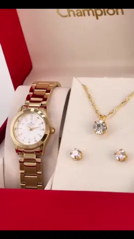 Relógio de Pulso Feminino Champion Mesh Dourado Mini A Prova D'Água  + Colar e Brincos Original Comenta “eu quero” que lhe envio o link