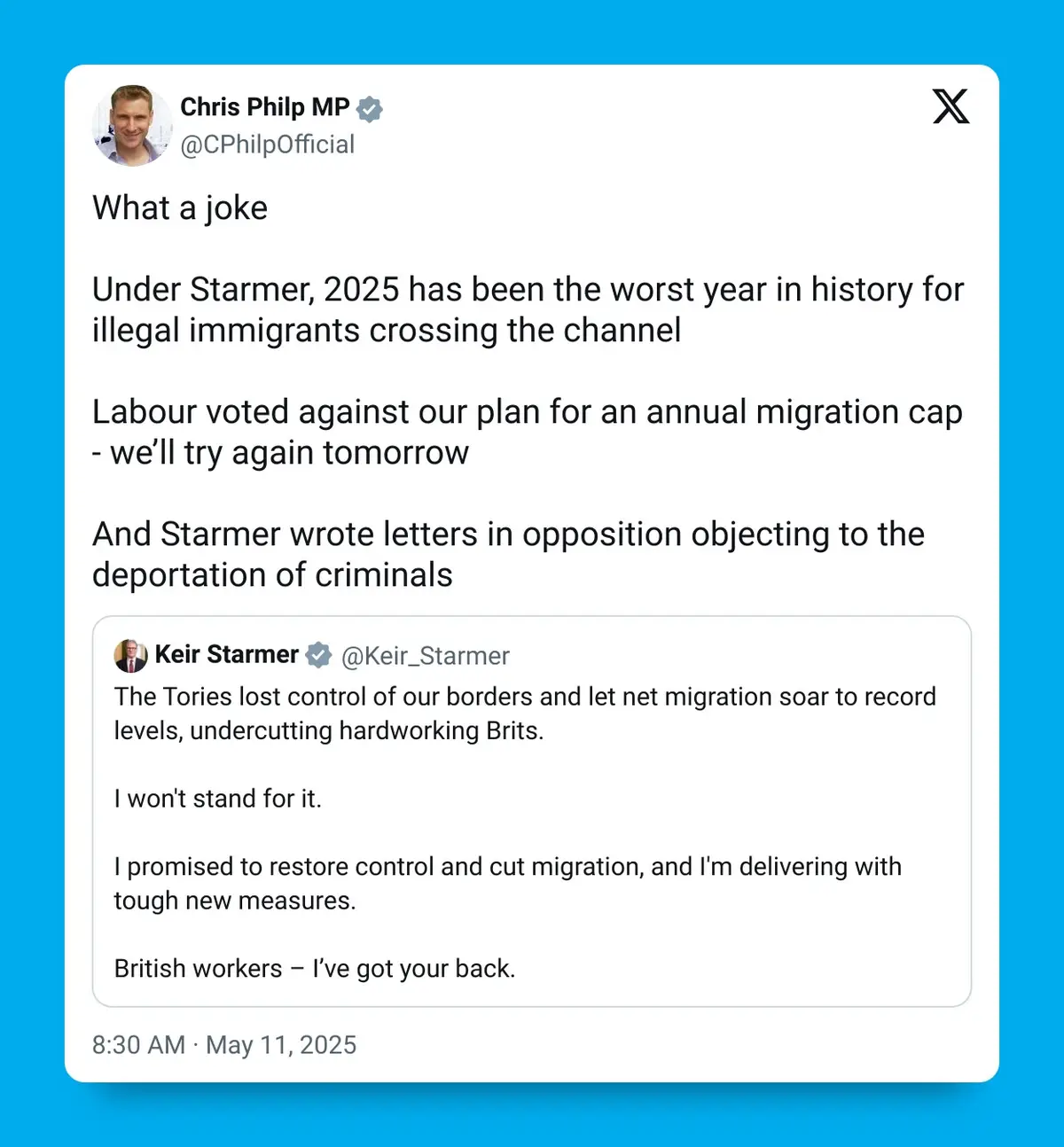 What a joke Under Starmer, 2025 has been the worst year in history for illegal immigrants crossing the channel Labour voted against our plan for an annual migration cap - we’ll try again tomorrow And Starmer wrote letters in opposition objecting to the deportation of criminals