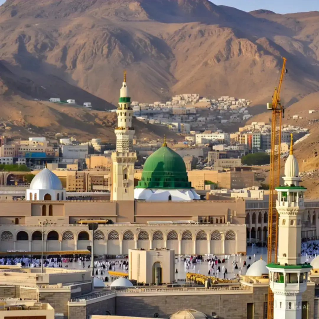 The image you shared is a stunning depiction of the Kaaba in Masjid al-Haram, Mecca, with worshippers walking around it during what appears to be either sunrise or sunset. The scene is framed with palm trees and flowers, adding a peaceful and spiritual vibe to the moment.
