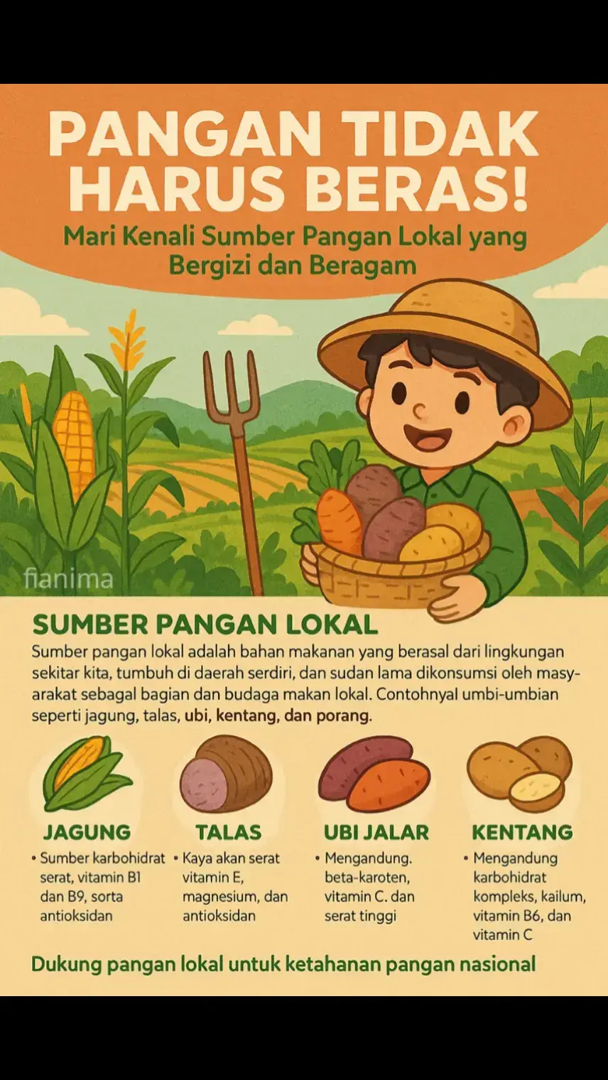 Sumber pangan lokal adalah bahan makanan yang berasal dari lingkungan sekitar kita, tumbuh di daerah sendiri, dan sudah lama dikonsumsi oleh masyarakat sebagai bagian dari budaya makan lokal. Mari kita gunakan potensi pangan lokal untuk mendukung ketahanan pangan nasional.  #pangan #ketahananpangan #pertanian #fyp #viral #xyzbca #poster #faktaunik #masukberanda 