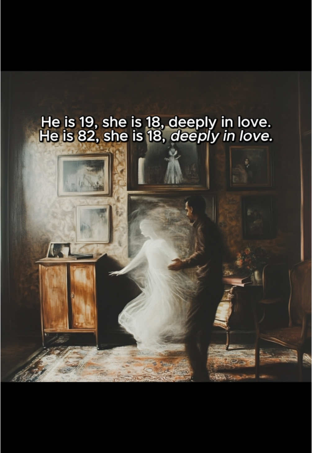 What do you understand from this picture? Time moved on. But his heart stayed there. ——— At 19, he found her— wild-eyed, laughing, full of sky. They dreamed together, built castles out of hours, and kissed like forever was promised. But forever is fragile. And sometimes, it ends too soon. She stayed 18. He kept aging. Now he’s 82— still remembering her voice, her light, her absence. Still in love with a girl who never grew old. ———