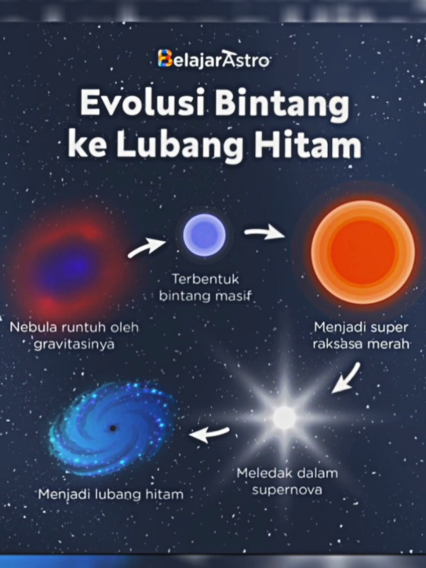 Lubang hitam (black hole) terbentuk ketika bintang yang sangat besar runtuh karena kehabisan bahan bakar nuklirnya, yang menyebabkan ledakan supernova. Proses ini juga dapat terjadi ketika dua bintang bertabrakan dan melebur menjadi satu, menciptakan titik dengan gravitasi yang sangat kuat.  Berikut adalah penjelasan lebih detail: Pembentukan dari Bintang Runtuh: Bintang yang sangat besar (dengan massa lebih dari 20 kali massa Matahari) memiliki gravitasi yang sangat kuat. Setelah kehabisan bahan bakar nuklir, inti bintang tidak lagi mampu menahan tekanan dari luar, dan bintang akan runtuh pada dirinya sendiri. Proses ini menghasilkan ledakan supernova, yang melepaskan materi bintang ke ruang angkasa, namun meninggalkan inti bintang yang sangat padat dan bergravitasi kuat. Inti inilah yang menjadi lubang hitam.     Pembentukan dari Tabrakan Bintang: Dua bintang yang bertabrakan dan melebur dapat menghasilkan massa yang sangat besar dan terkompresi menjadi satu titik dengan gravitasi luar biasa. Proses ini juga dapat menciptakan lubang hitam.  Pertumbuhan Lubang Hitam: Setelah terbentuk, lubang hitam terus menyerap gas, debu, dan materi lain di sekitarnya, yang menyebabkan lubang hitam terus bertambah besar. Lubang hitam juga dapat bertabrakan dan melebur dengan lubang hitam lain, menciptakan lubang hitam yang lebih besar.  Lubang Hitam Supermasif: Lubang hitam supermasif, yang berukuran ratusan ribu hingga milyaran kali massa Matahari, diduga terbentuk dari proses pertumbuhan lubang hitam yang sangat lama dan melalui tabrakan dengan galaksi lain.  Singkatnya, lubang hitam terbentuk dari sisa-sisa bintang yang runtuh atau dari tabrakan bintang, dan terus tumbuh dengan menyerap materi di sekitarnya sumber : direktorat SMP #jjedukasi #fyp #menujuindonesiaemas #blackhole #bintang #alamsemesta #galaksi koreksi jika ada salah 🙏🏻🙏🏻