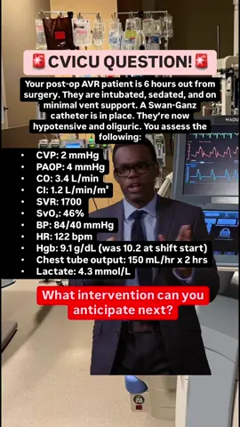 🫀CVICU QUESTION🫀What intervention would you anticipate next?? This one might ruffle some feathers 😬 . Check out the ICU STARTER BUNDLE and the other Nurse Dose Cheat Sheets/Resources in the bio! . Follow for more ICU nursing education! 🎓 . #cvicu #cardiacnurse #criticalcare #nursingschool #icunurse #newgradnurse #newgradrn #nursesofinstagram #icunurselife #flightnurse #criticalcarenurse #emergencydepartment #nurselife #paramedic #ernurses #medicalstudents