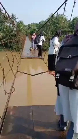 Karena jembatan gantung sedang diperbaiki guru2 SD di Desa Simpang Limbur Merangin terpaksa bertaruh nyawa melewati jembatan yang bolong  📹 : Rieny