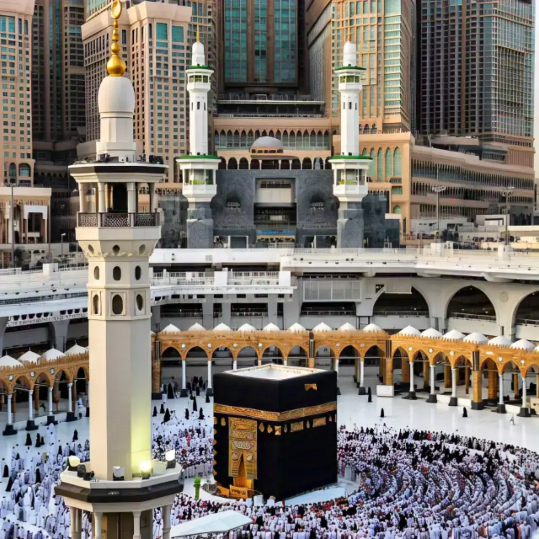 The image you shared is a stunning depiction of the Kaaba in Masjid al-Haram, Mecca, with worshippers walking around it during what appears to be either sunrise or sunset. The scene is framed with palm trees and flowers, adding a peaceful and spiritual vibe to the moment.