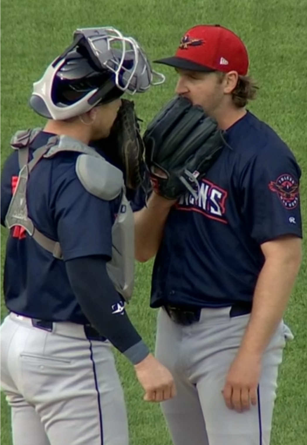 Gossip on the mound 👀 #baseball #ToledoMudHens #MLB #DetroitTigers #baseballplayer 